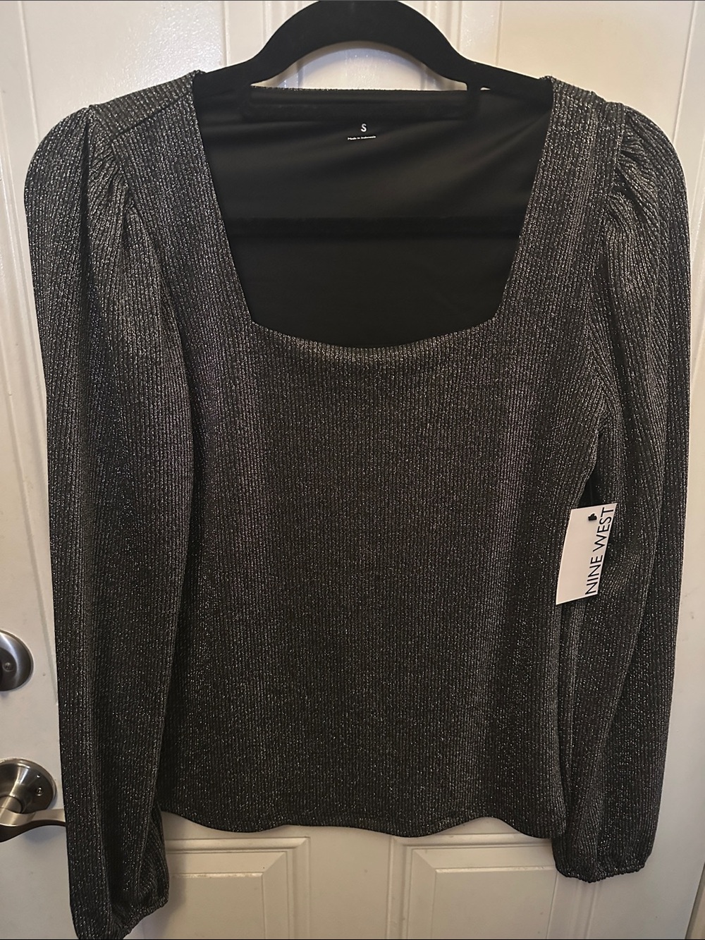 Nine West Metallic Black Square Neck Puff Sleeve Top NWT Kohl’s collection
